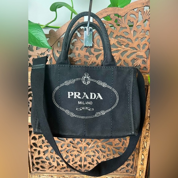 GUC Prada Canapa Denim Canvas PM Black Crossbody Hand Bag with Strap - Picture 2 of 12